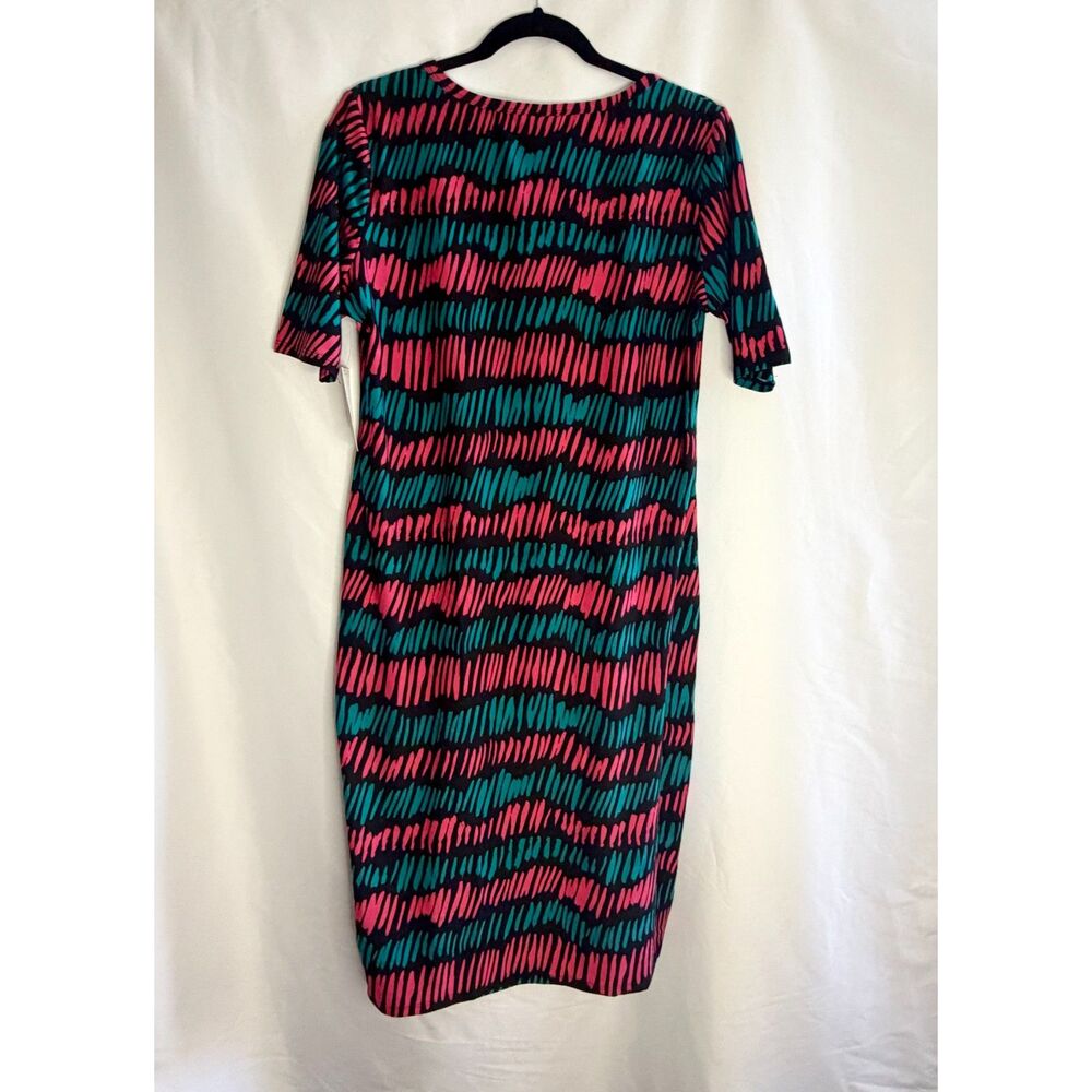 NWT LuLaRoe Julia dress with vibrant pink and teal abstract brush-stroke pattern